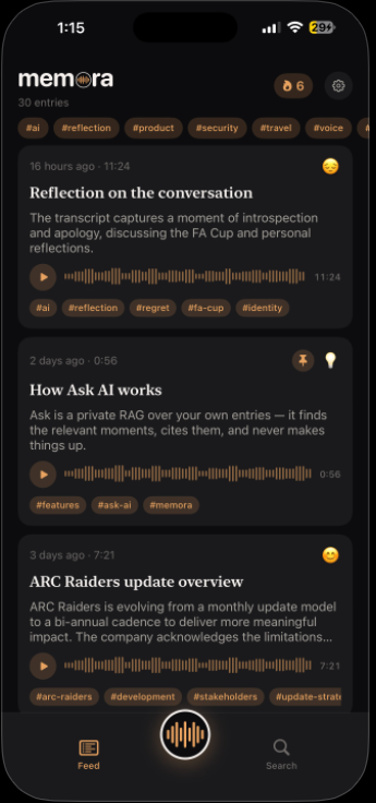 Memora feed on iPhone