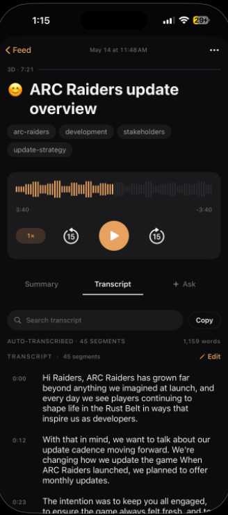 Memora Transcript screen